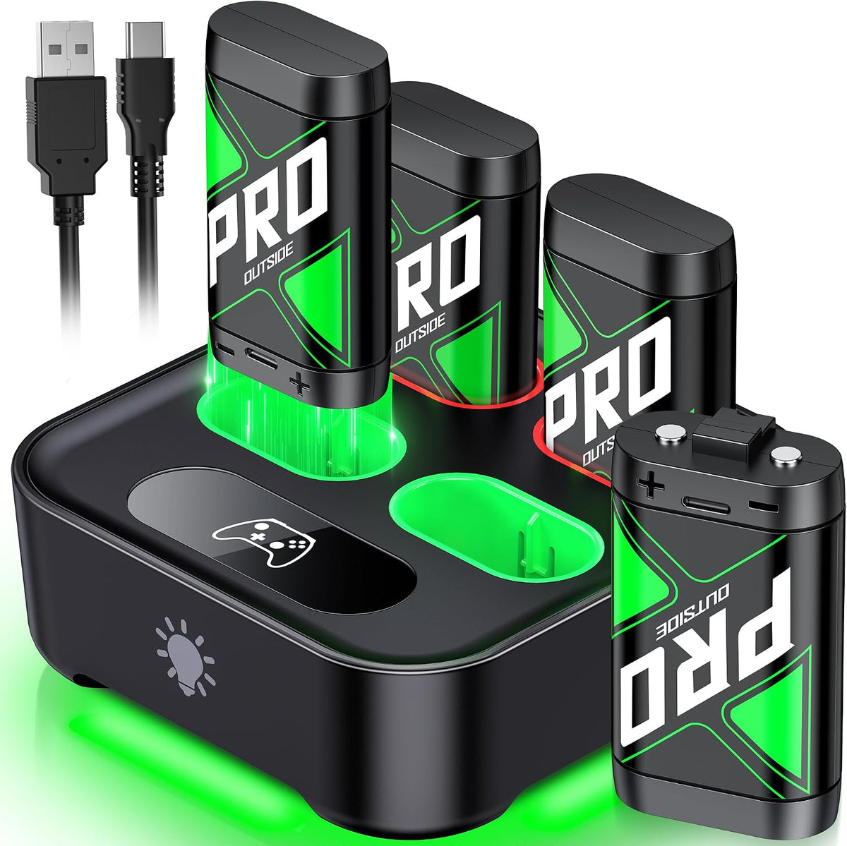 Upgraded Fast Charging Rechargeable Battery Packs with Light Control, 4X4080Mwh Xbox Controller Batteries with Charger Dock for Xbox Series X|S, One S/X/Elite Controllers,Cases and Storage Sets