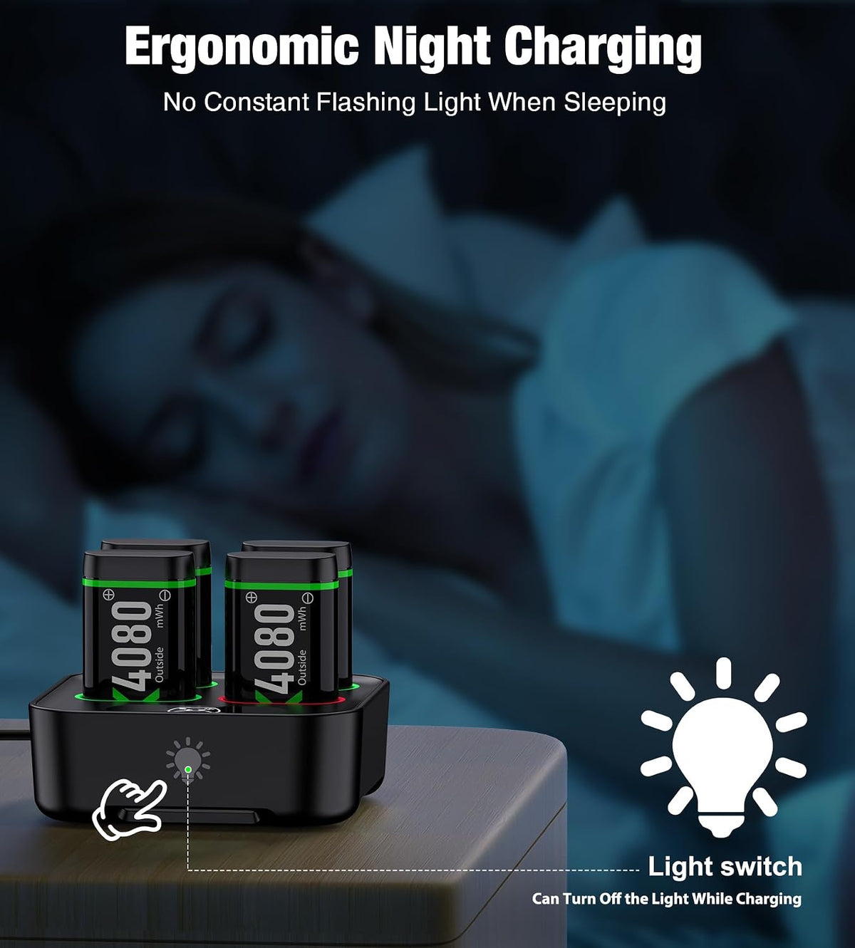 Upgraded Fast Charging Rechargeable Battery Packs with Light Control, 4X4080Mwh Xbox Controller Batteries with Charger Dock for Xbox Series X|S, One S/X/Elite Controllers,Cases and Storage Sets