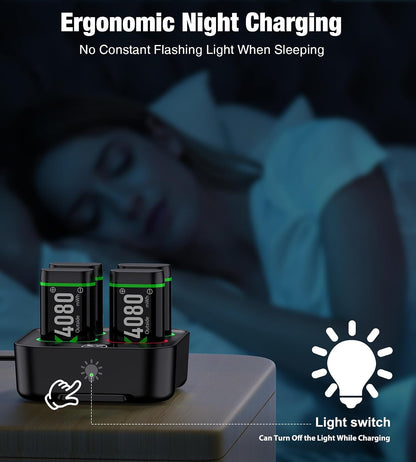 Upgraded Fast Charging Rechargeable Battery Packs with Light Control, 4X4080Mwh Xbox Controller Batteries with Charger Dock for Xbox Series X|S, One S/X/Elite Controllers,Cases and Storage Sets