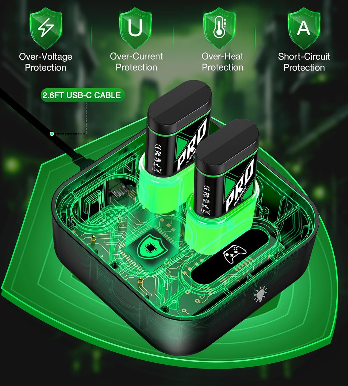 Upgraded Fast Charging Rechargeable Battery Packs with Light Control, 4X4080Mwh Xbox Controller Batteries with Charger Dock for Xbox Series X|S, One S/X/Elite Controllers,Cases and Storage Sets