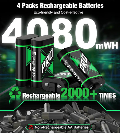 Upgraded Fast Charging Rechargeable Battery Packs with Light Control, 4X4080Mwh Xbox Controller Batteries with Charger Dock for Xbox Series X|S, One S/X/Elite Controllers,Cases and Storage Sets
